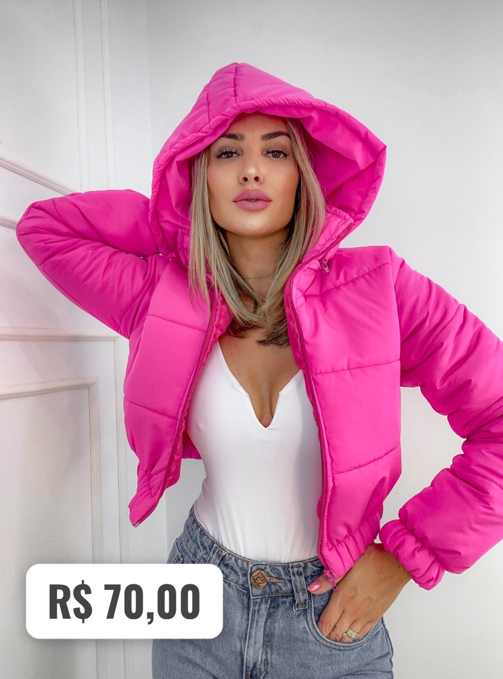 Jaqueta Feminina Puffer Neon de Frio Manga Longa